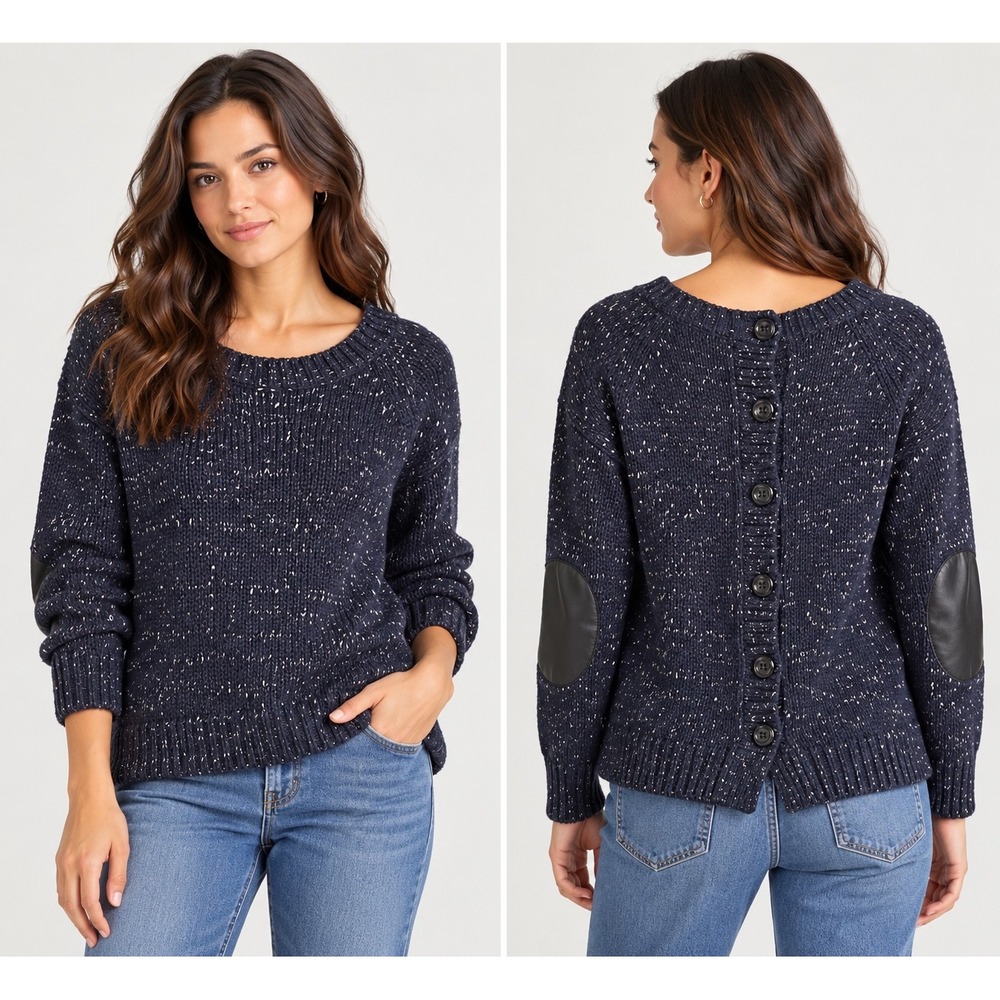 Market & Spruce Navy Speckled Button Back Sweater Elbow Patches SFJ7024